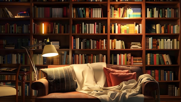 Cozy home library interior with collection of different books on shelves and comfort Generative AI