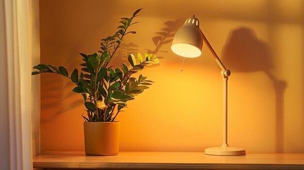 Photo cozy home office desk with plant and lamp decoration