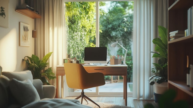 Photo a cozy home office setup featuring a small desk designed for productivity and comfort