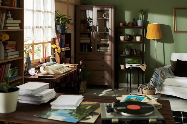 Photo cozy home office space filled with books and plants