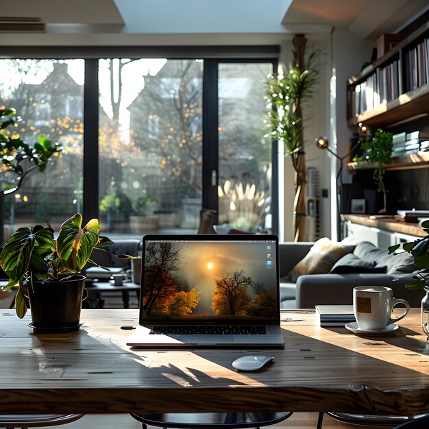 Photo cozy home office with autumnal view and warm beverage