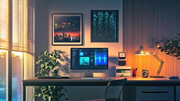 Photo a cozy home office with a warm glow and cityscape artwork