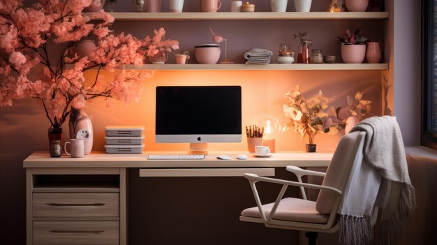 Photo cozy home office with wood desk ai generated