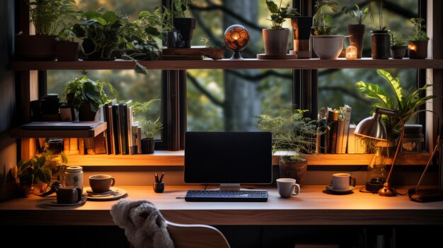 Photo cozy home office with wood desk ai generated