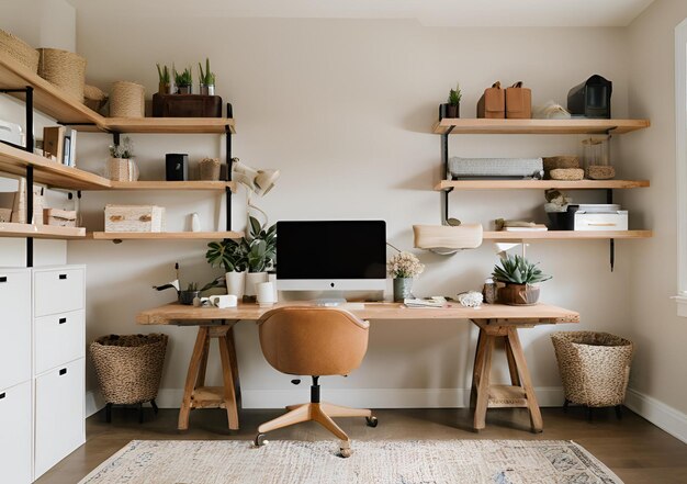 Photo a cozy home office with wooden desk and dual monitors