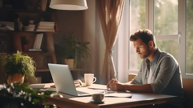 Cozy Home office Young man working with laptop computer photo shot natural light day