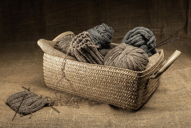 Cozy home photo with knitting basket and woolen threads in retro style