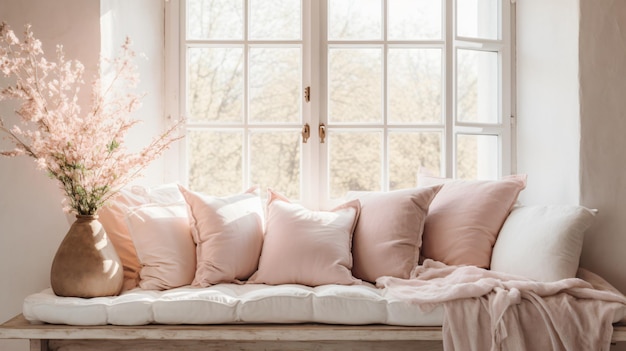 Cozy home place pink and white pillows and blanket