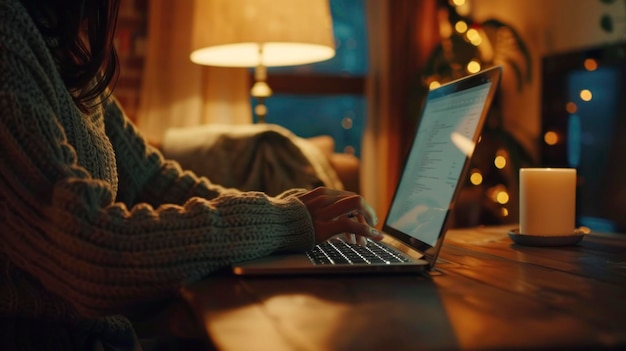 Photo cozy home scene female specialist focuses on laptop tasks at table connecting