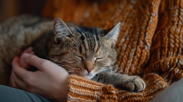 Cozy home scene where people are petting a cat curled up in their arms