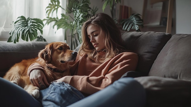 Photo cozy home scene young woman relaxing with her dog on sofa