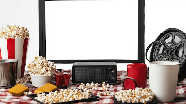 Photo cozy home theater setup with a blank screen surrounded by popcorn drinks and a comfortable couch