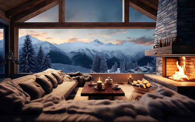 Cozy home with sofa and fireplace panoramic windows and coffee winter vibe concept