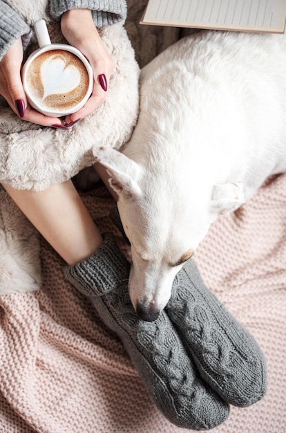 Cozy home woman covered with warm blanket drinks coffee sleeping dog next to woman