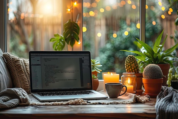 Cozy home workspace with a laptop plants and candles by a window creating a warm and inviting atmosp