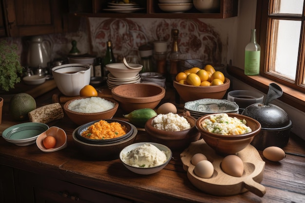 Cozy homestyle colombian kitchen with ingredients for homemade meal