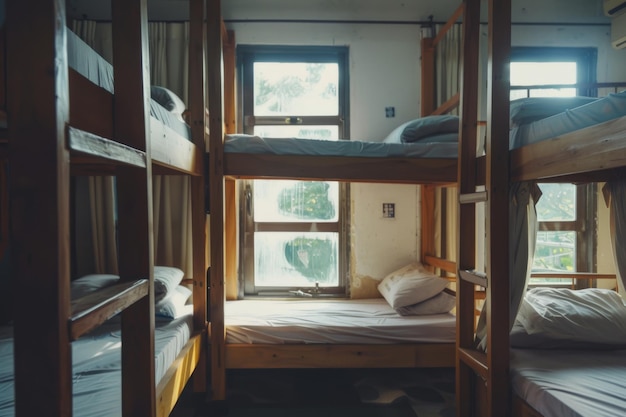 Photo a cozy hostel room features neatly made bunk beds with sunlight streaming through the window creating a welcoming and serene atmosphere