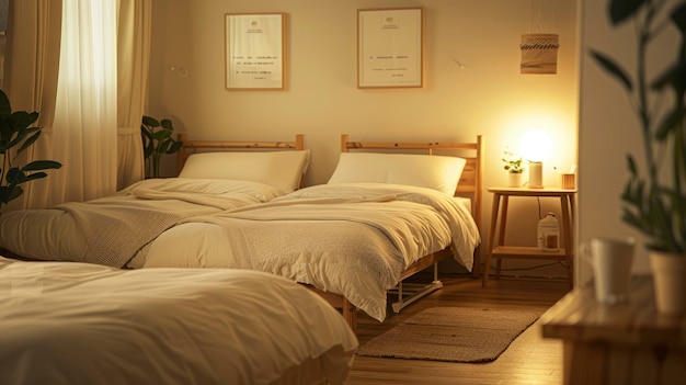 A cozy hostel room featuring two beds simple decor and soft lighting