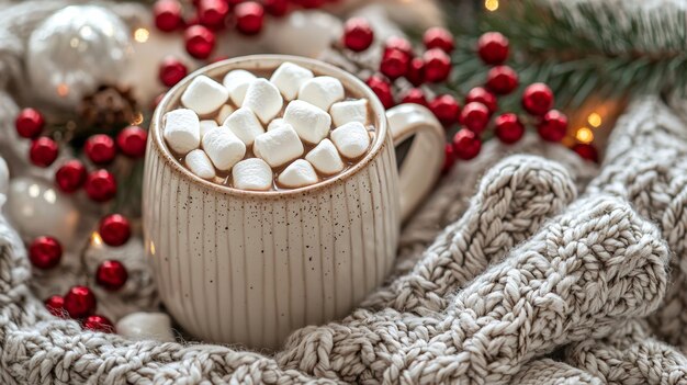 Photo cozy hot chocolate with marshmallows and knit blanket