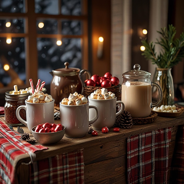 Cozy Hot Cocoa Bar Setup with Marshmallows Candy Canes and Fireplace Ambiance