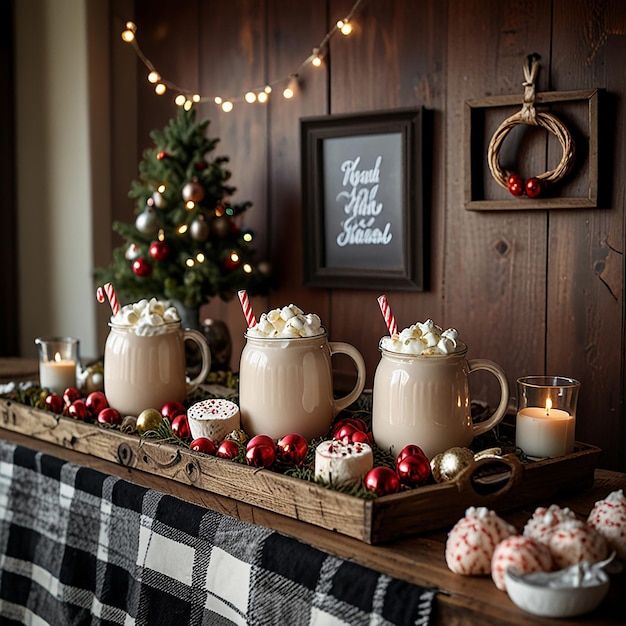 Photo cozy hot cocoa bar setup with marshmallows candy canes and fireplace ambiance