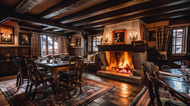 Photo cozy hotel dining room featuring a fireplace and wooden beams