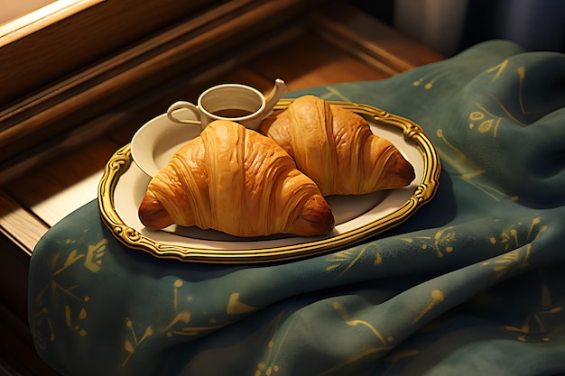 Cozy hotel room fresh croissant on tray generated