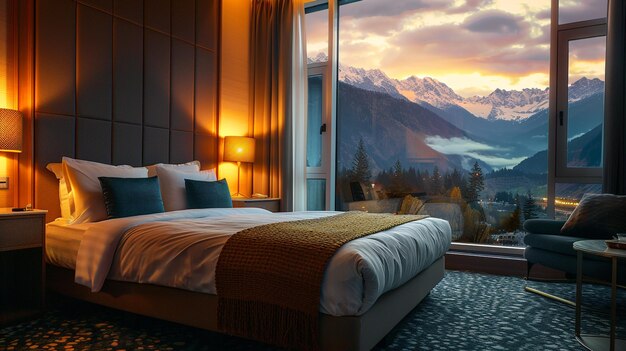 Photo cozy hotel room showcasing plush bedding and mountain view