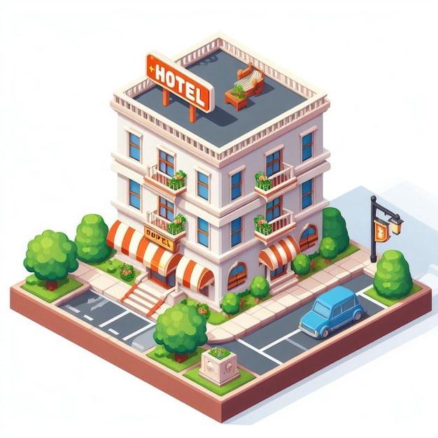 cozy hotel with sign isometric