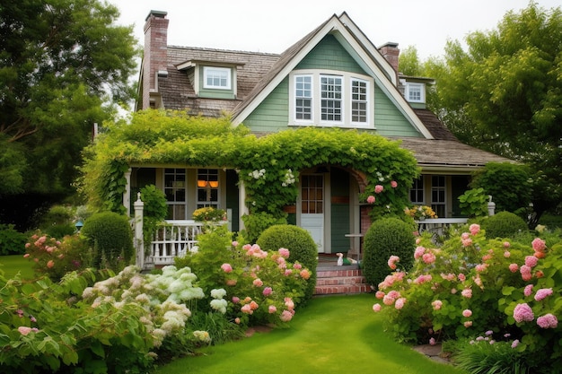 Cozy house exterior with lush greenery and flowers