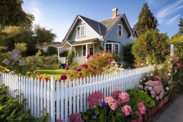 Cozy house exterior with picket fence and flowering garden created with generative ai