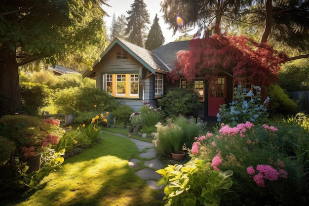 Cozy house exterior with sundappled yard and garden of vibrant flowers