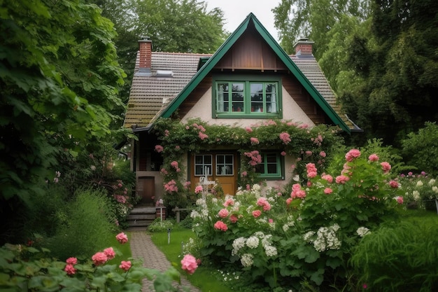 Cozy house surrounded by blooming flowers and greenery