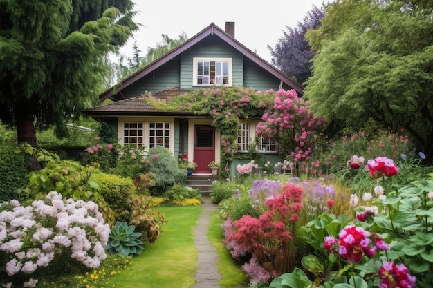 Cozy house surrounded by lush gardens and blooming flowers