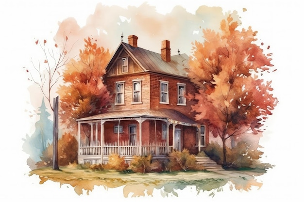 Cozy house with a charming porch painted in watercolor created with Generative AI technology