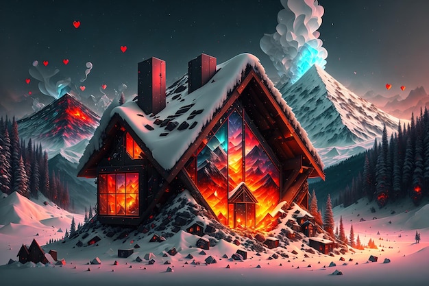 a cozy house in the woods with a snowy mountain in the background