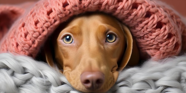 Cozy Hungarian Vizsla Resting in a Blanket Nest Radiating Gentle Warmth at Home Concept Dog Photography Cozy Compositions Home Comfort Pet Portraits