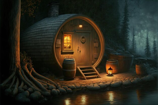 Cozy illuminated barrel sauna in dark forest