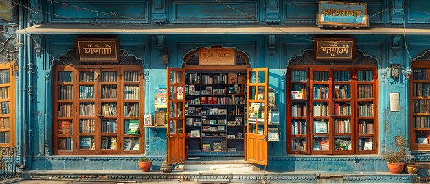 Photo cozy illustrated front view of a bookshop