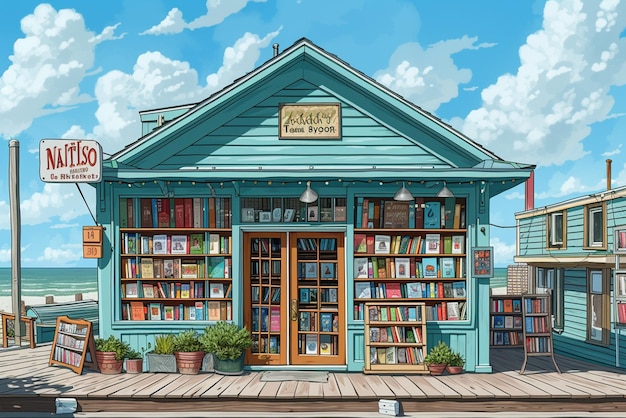 A cozy illustration front view of bookshop