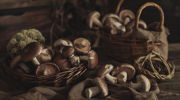 Photo a cozy image of assorted mushrooms arrange