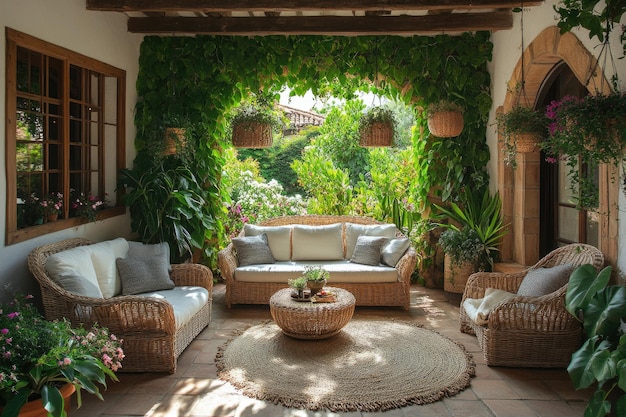 Cozy Indoor Patio with Hanging Plants and Wicker Furniture A Relaxing and Inviting Space