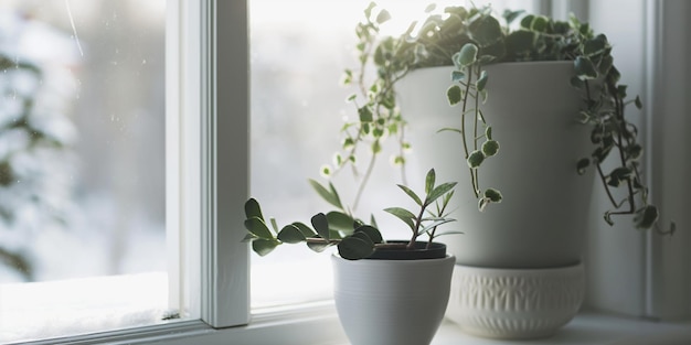 Cozy Indoor Plants on Windowsill with Morning Sunlight