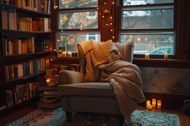 Photo cozy indoor reading nook with comfortable chair blanket and stacks of books for relaxation