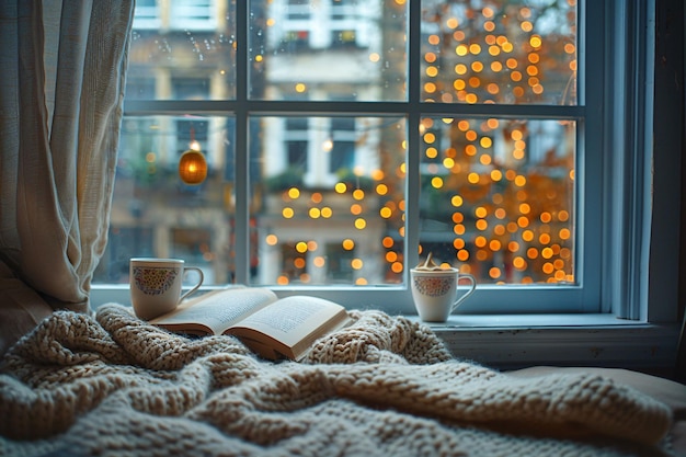 Photo cozy indoor reading nook with a view of festive lights on a rainy day in the cit