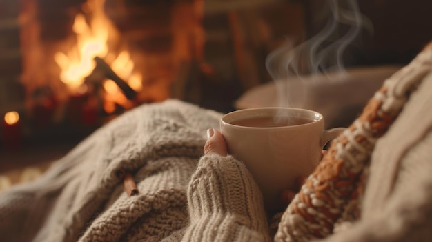 Photo cozy indoor scene with hot spiced cider and fireplace background