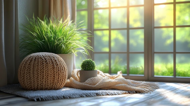 Photo a cozy indoor scene with plants a knitted pouf and sunlight filtering through a window