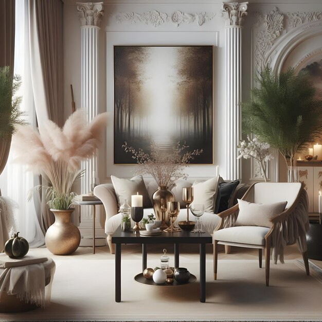 Photo a cozy indoor space with elegant furniture a striking painting and delicate greener sophistication