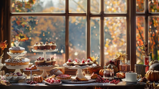 Photo cozy indoor thanksgiving dessert table with pies cupcakes hot chocolate view of falling leaves clear sky warm inviting lighting thanksgiving crispy weather sweets