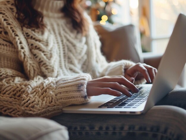 Photo cozy indoor workspace with a person typing on a laptop during winter afternoon